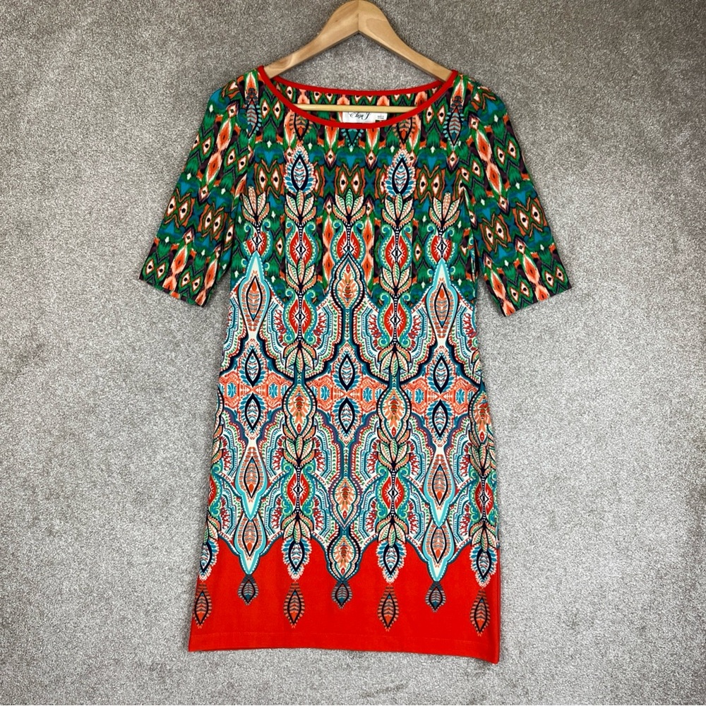 Eliza J Dress Womens 2 Red Green Short Sleeve Stretch Knee Length- 2906*